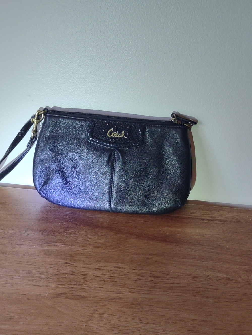 Coach Black Leather Wristlet with Gold Hardware